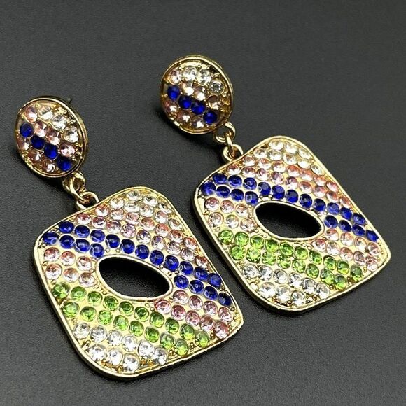 Yellow Gold with Multicolor Crystal Geometric Retro Drop Post Back Earrings - Picture 1 of 8